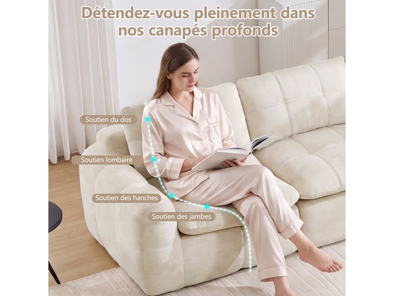 Canapé d'angle modulable 3 places avec ottoman, en chenille beige - Conforama E