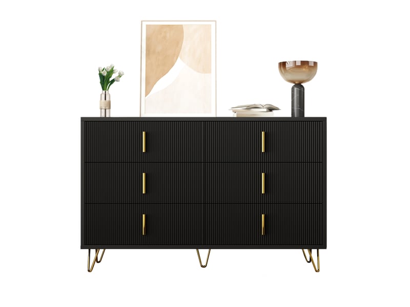  Commode bas 120x77x40 cm 6 tiroirs design moderne surface ondulée poignées pieds dorés panneau particules noir et doré  - Conforama A