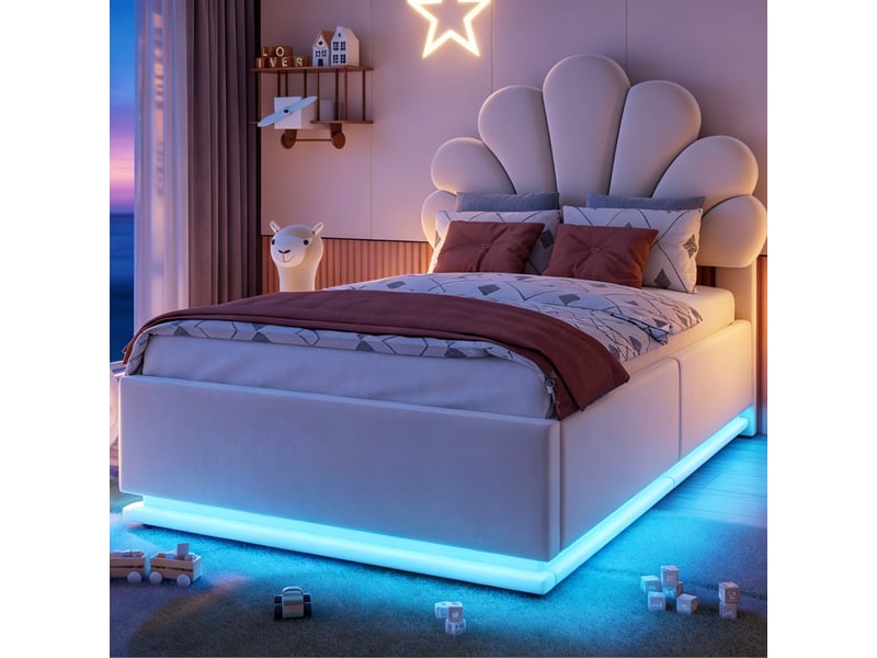  Lit coffre rembourré 90x200 cm coloris beige led velours  - Conforama E