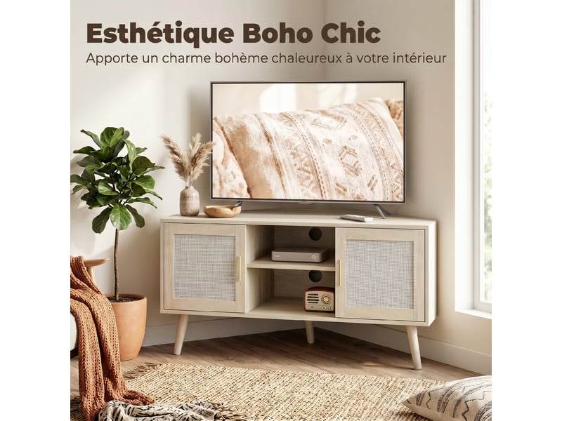  Meuble tv d'angle 115 cm, meuble télé pour téléviseur jusqu'à 65 pouces, chêne, 2 portes en rotin  2 compartiments  - Conforama E