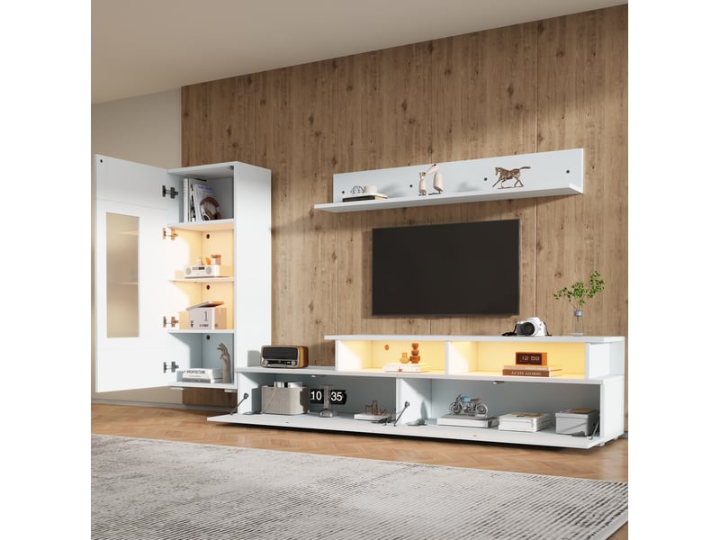  Meuble tv 170 cm, led, façade brillante, support tv, modèle fonctionnel, pour salon, en panneaux de particules, blanc  - Conforama D