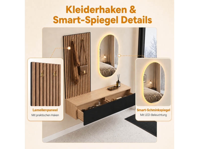  Meuble d’entrée mural 140x38x150 cm avec miroir led, 2 tiroirs, 2 patères, console suspendue, mdf noir et effet bois naturel, pour couloir  - Conforama E