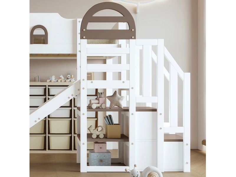  Lit superposé enfant 90x200 cm blanc en bois et mdf, avec fenêtre, toboggan et escalier de rangement  - Conforama E