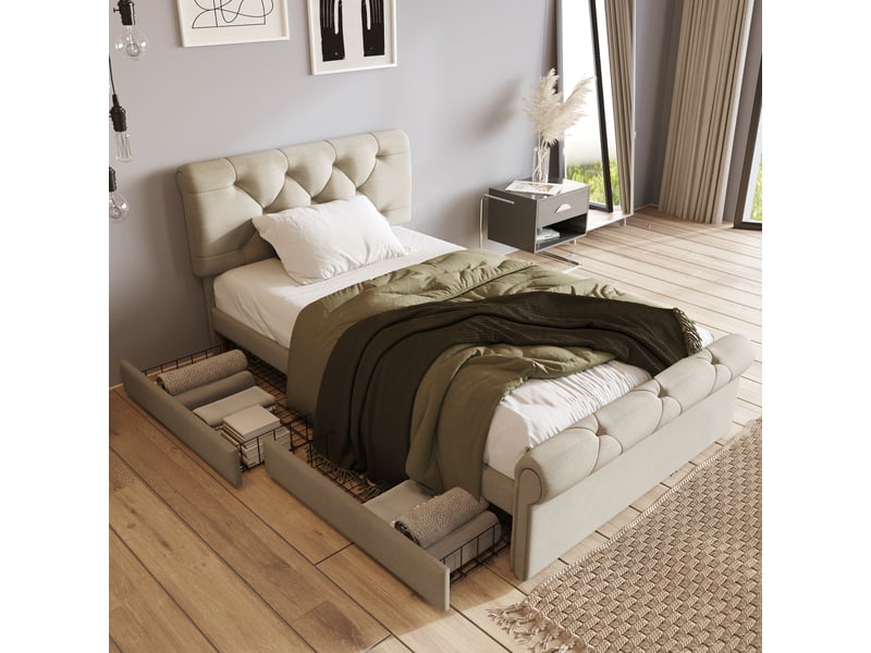  Lit simple chesterfield 90x200 cm avec rangements et 2 tiroirs, lin, naturel, sans matelas  - Conforama B