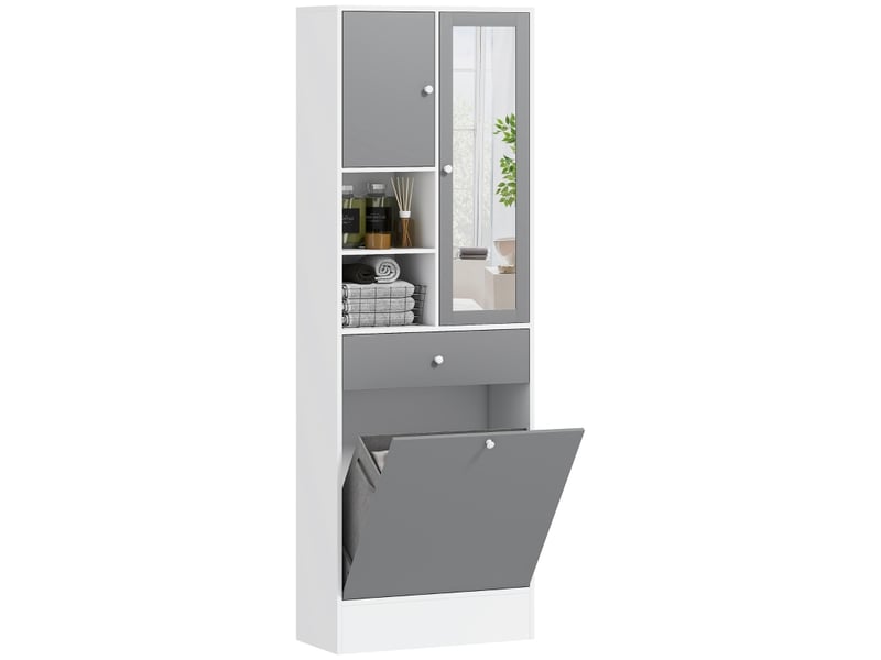 Meuble de salle de bain avec panier à linge et miroir étagère réglable 62 x 28,3 x 181 cm gris et blanc  - Conforama A