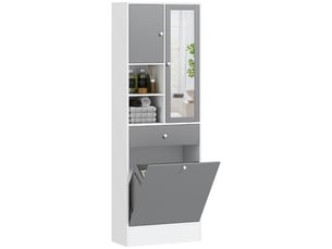 Meuble de salle de bain avec panier à linge et miroir étagère réglable 62 x 28,3 x 181 cm gris et blanc