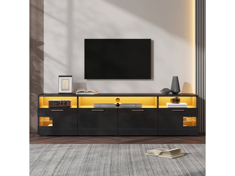  Meuble tv 180 cm noir, led bluetooth, 4 portes, niches ouvertes et tablettes en verre Fay Lum - Conforama B