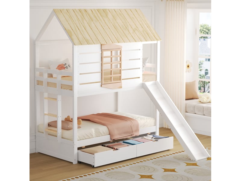  Lit superposé cabane 90x200 cm avec toboggan et 2 tiroirs  - Conforama C