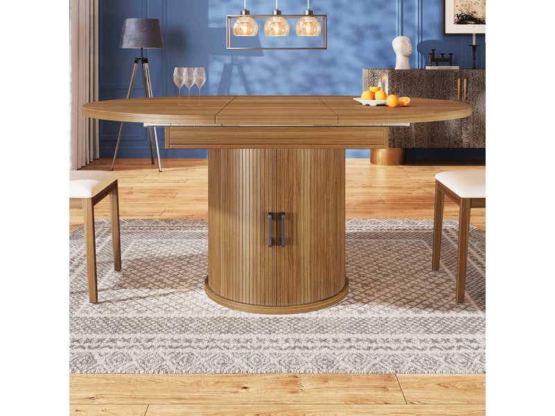  Table de salle à manger ronde, 118x158 cm, extensible avec allonge, design moderne, pratique, mdf, coloris marron  - Conforama E