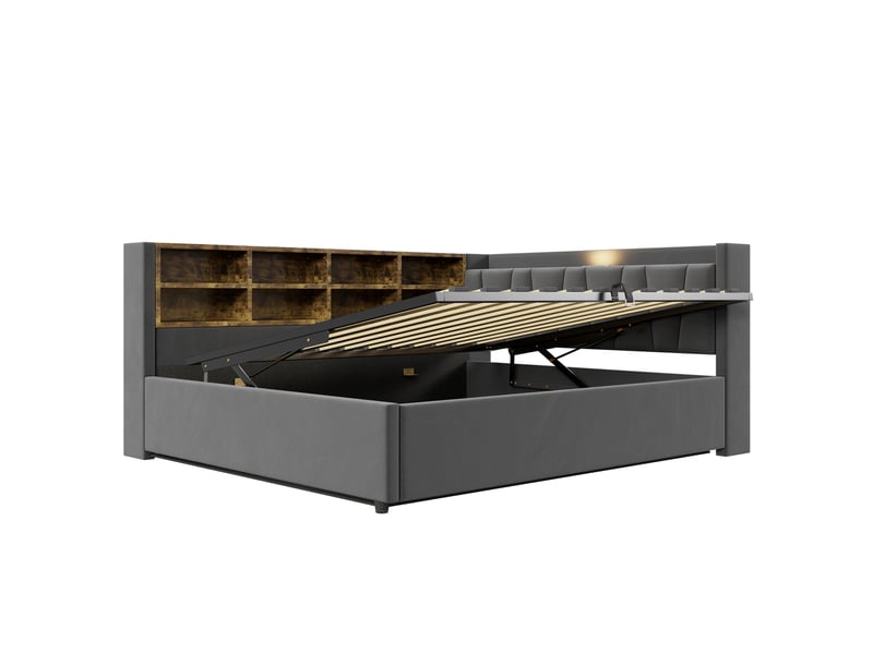 Lit coffre enfant 140x200 cm, led, usb type-c, étagères, rangement, sommier, velours gris foncé, sans matelas - Conforama D