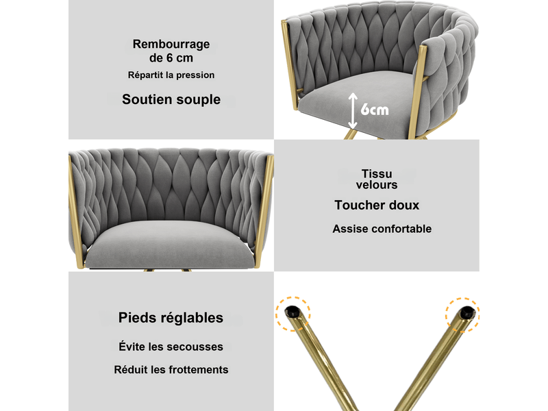  Lot de 2 chaises de salle à manger pivotantes 360° avec accoudoirs, velours gris et doré, pieds métal  - Conforama D