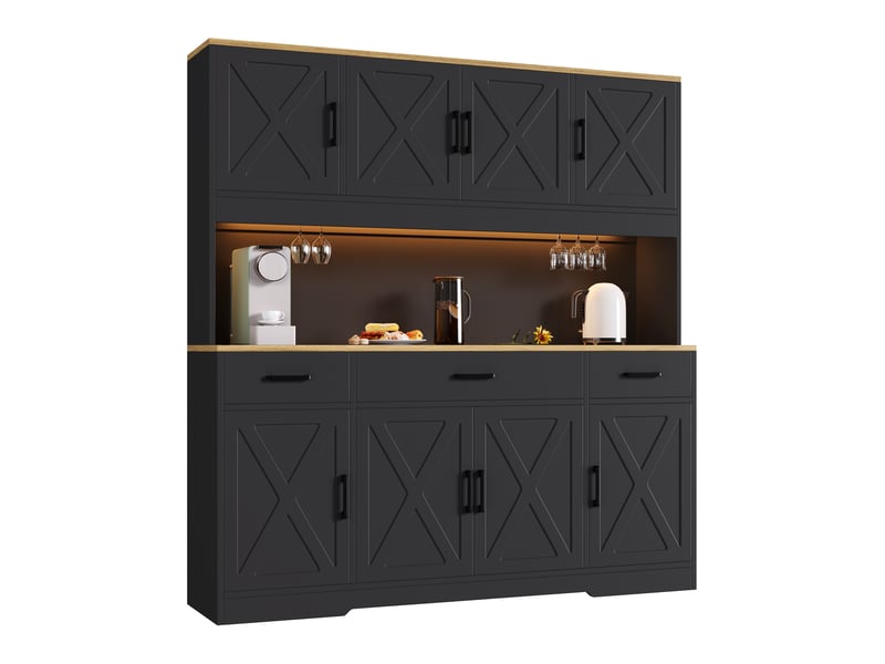  Buffet haut 150x40x180 cm, vaisselier avec rangements, 2 porte-verres, prise, usb-a et usb-c, bande led multicolore, noir et chêne evarich - Conforama A