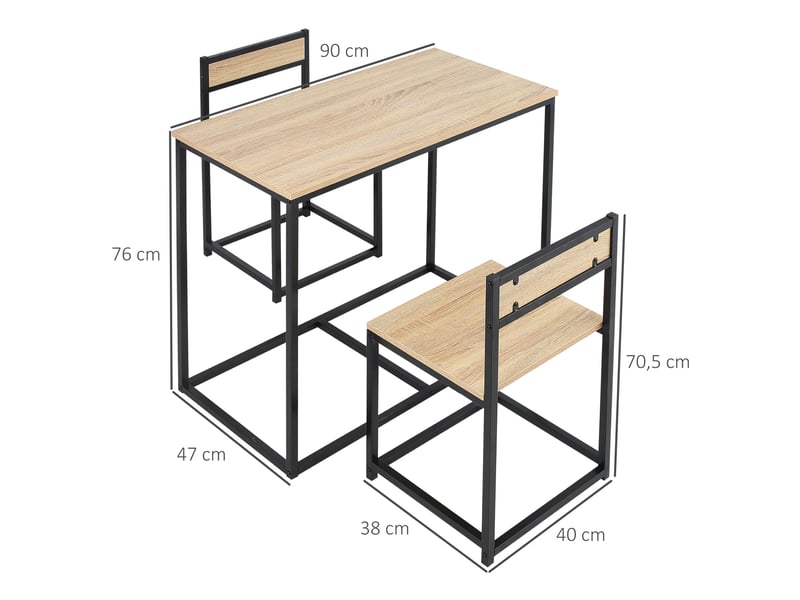  Ensemble repas 3 pièces avec table et 2 chaises, effet bois clair et métal noir, style industriel, petit espace  - Conforama C