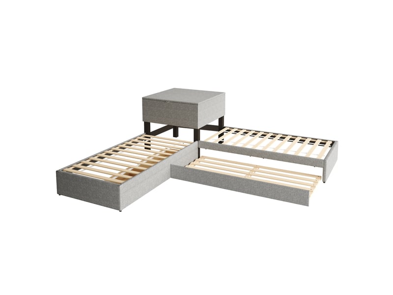  Lit enfant d’angle 90x200 cm en lin gris avec lit gigogne et rangements  - Conforama E
