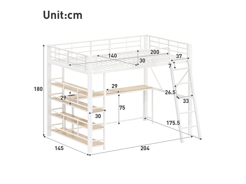  Lit mezzanine modenvie 140 x 200 cm avec bureau intégré, étagère 4 niveaux, panier de rangement, port usb, led, métal et mdf, blanc  - Conforama C