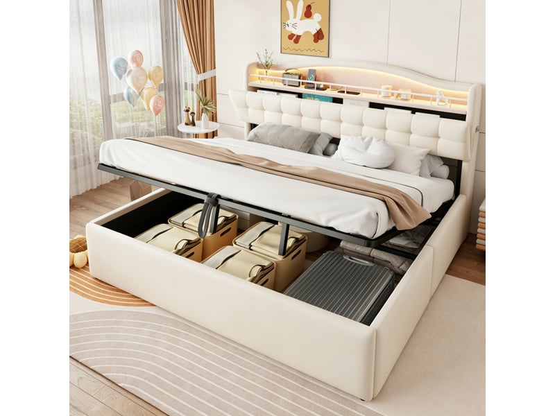 Lit capitonné 180*200 cm beige, coffre hydraulique, led, usb-c, tête avec rangements et cadre métal stable - Conforama C