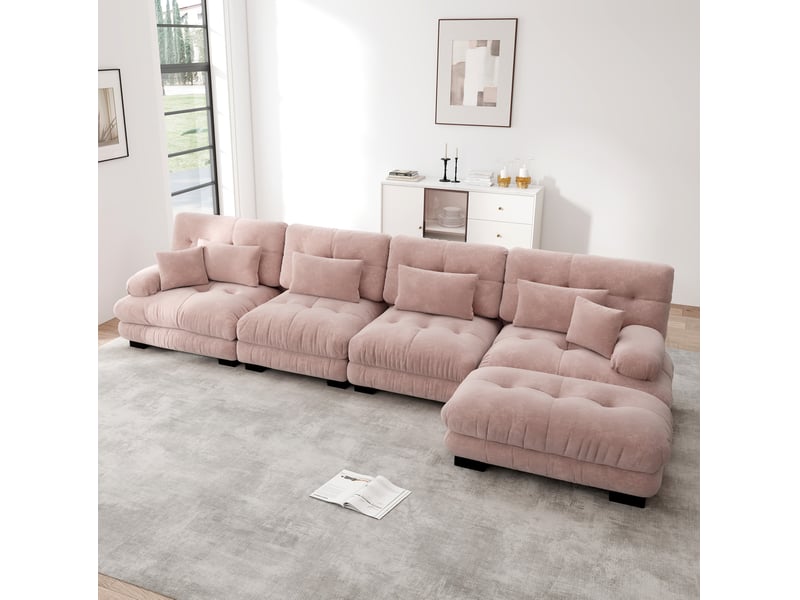  Canapé d’angle modulable 4 places en chenille rose avec ottoman mobile  - Conforama C
