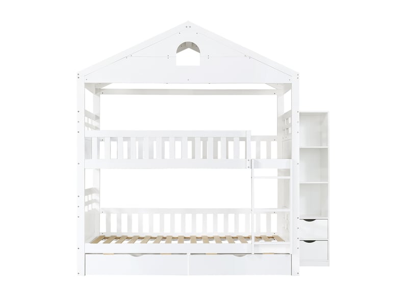 Lit superposé enfant 90 x 200 cm blanc en bois, 2 tiroirs et rangement latéral avec échelle - Conforama D