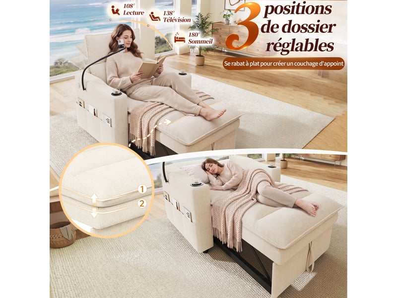  Fauteuil convertible 3 en 1 en chenille beige, usb-c, support téléphone, dossier réglable et porte-gobelets  - Conforama D