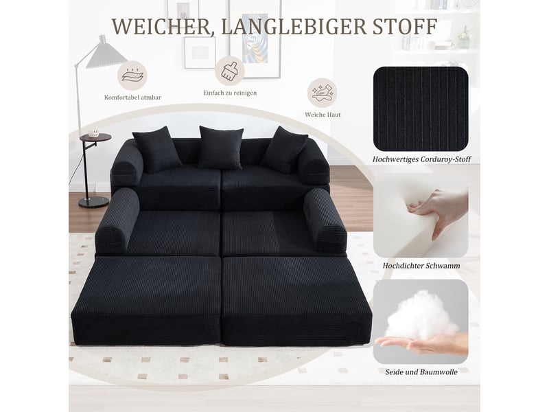  Canapé modulable 3 places avec rangement intégré et coussins séparés, revêtement en velours côtelé noir, dimensions 270x180 cm  - Conforama R