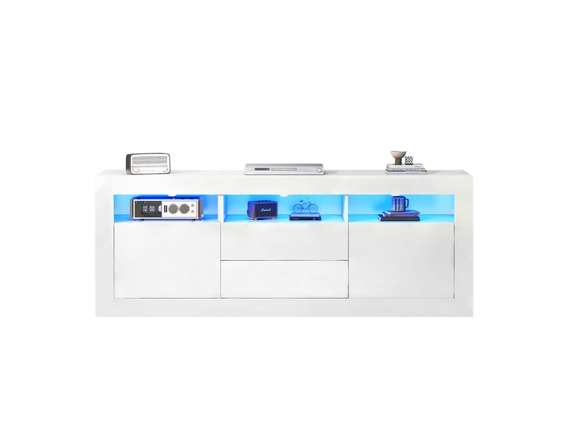  Meuble tv haute 160x35x60 cm avec éclairage led, 2 portes, 3 compartiments ouverts, 2 tiroirs, commande par application intelligente  - Conforama C