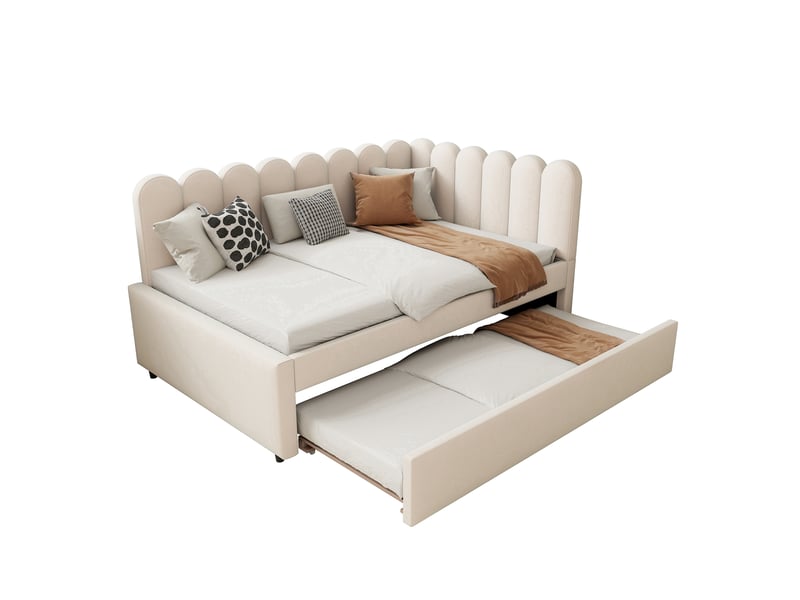  Lit rembourré tcqpz 140 x 200 cm l forme avec lit gigogne beige en velours  - Conforama A