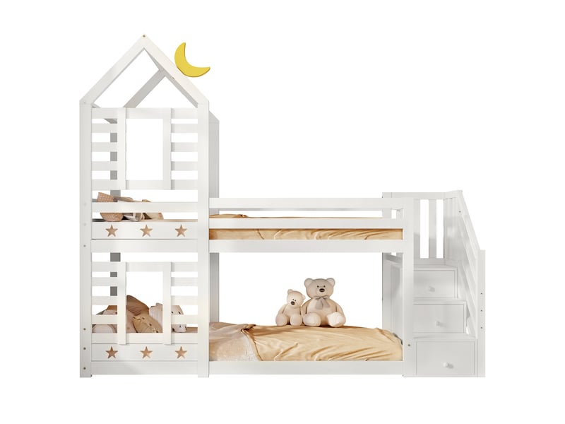  Lit superposé 90x200 cm, lit enfant, 3 tiroirs, cabane dans les arbres, barrières de sécurité, blanc, sans matelas  - Conforama D