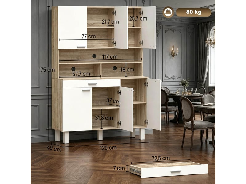  Buffet de cuisine haut avec tiroir, étagères ouvertes et passe-câbles, blanc et bois naturel, 120 × 40 × 175 cm  - Conforama D
