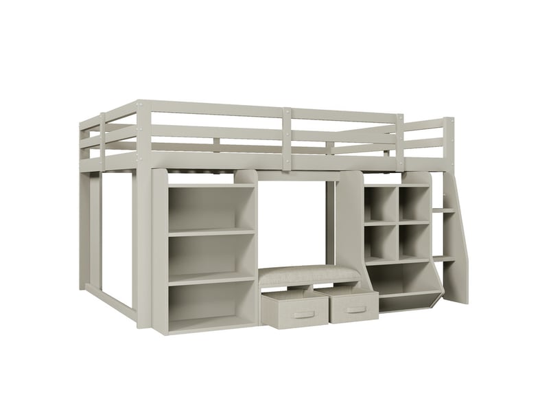  Lit surélevé pour enfant, 140 x 200 cm, avec étagères de rangement, 2 tiroirs en tissu et coussin d'assise, gris N879P000527E - Conforama E