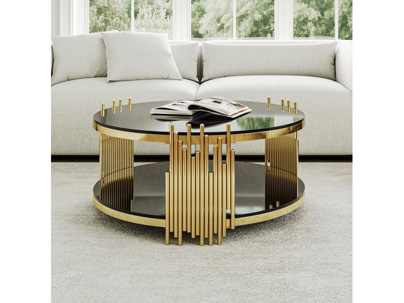  Table basse ulevr ronde à 2 niveaux avec rangement, ø 80 cm, verre trempé noir et cadre en acier inoxydable doré  - Conforama B