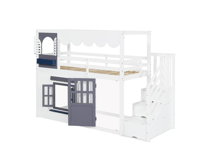  Lit mezzanine enfant 90x200 cm blanc, motif maison, escalier de rangement, porte et fenêtres ouvrantes, bord de toit ondulé, lit avec protection antichute et espace de rangement latéral pour chambre d'enfant  - Conforama E