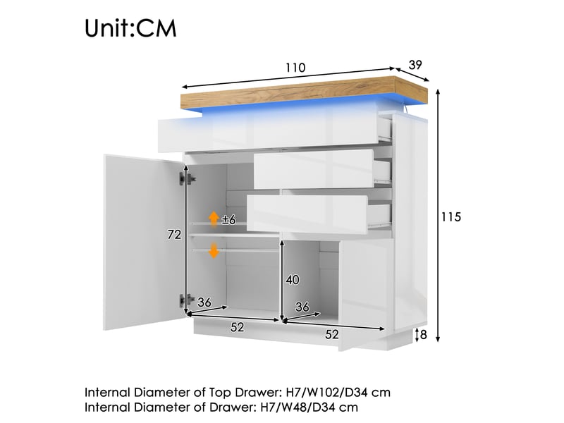 Buffet haut blanc brillant avec led, 2 portes et 3 tiroirs, 110x39x115 cm - Conforama E