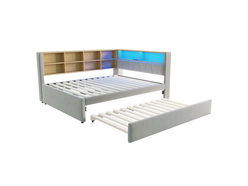  Canapé-lit 140*200 cm avec lit gigogne 90*190 cm, led, usb, rangements, gris clair et cadre stable multifonctionnel  - Conforama A