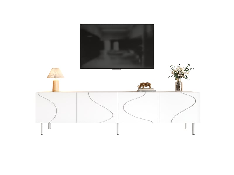  Meuble tv 170x35x50 cm - façade ondulée 3d, 4 portes push-to-open, pieds cylindriques en métal, pb et mdf - blanc  - Conforama A