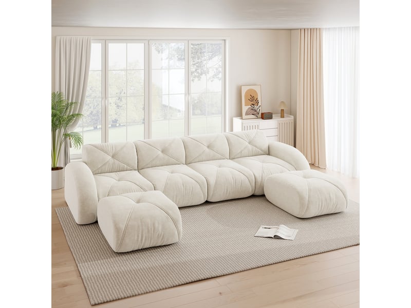 Canapé panoramique en u modulaire avec assise en mousse dense et structure sans cadre, en chenille beige clair - Conforama B