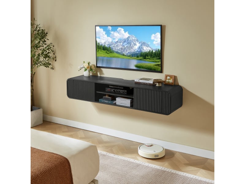  Meuble tv mural noir 160 cm - étagères ouvertes et rangement suspendu pour salon et chambre  - Conforama E