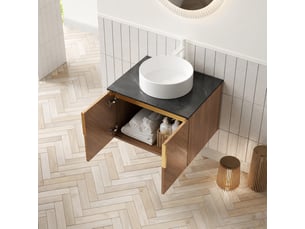 Meuble vasque suspendu 61 cm avec vasque ronde blanche et plan noir