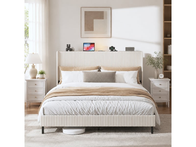  Lit adulte 180x200 cm en velours côtelé beige et crème avec tête de lit  - Conforama D