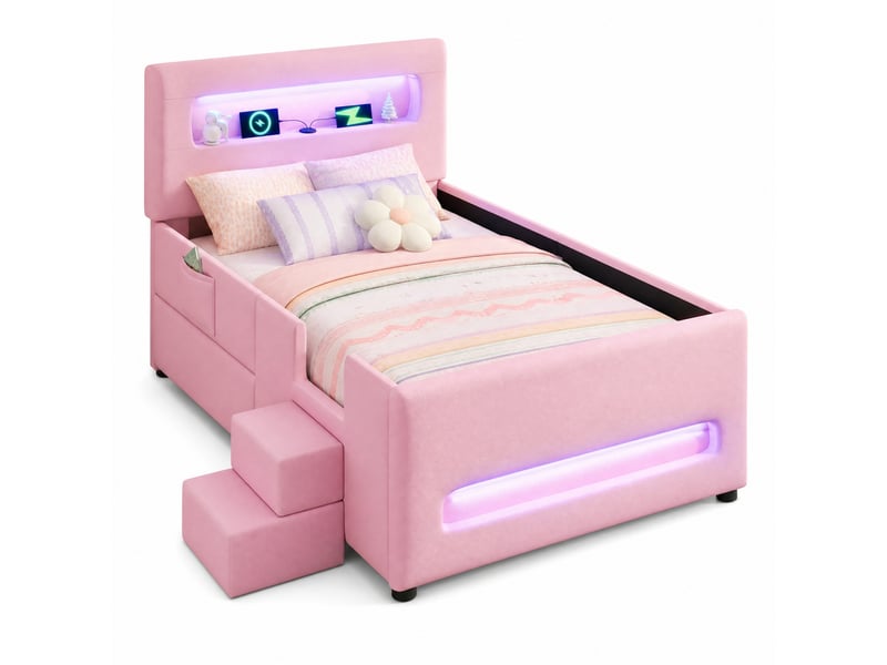  Lit simple 90x200 cm avec tiroir, éclairage led et usb, coloris rose  - Conforama A