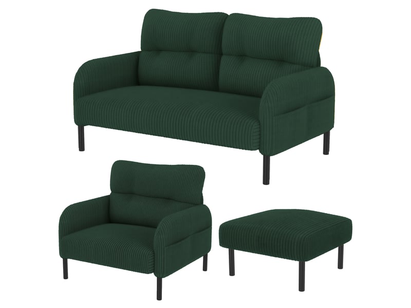  Ensemble de canapés 2 places avec fauteuil et repose-pieds, pochette latérale, dossier, pour le salon, velours, vert  - Conforama A