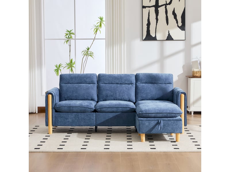  Canapé 3 places en chenille bleu, canapé d’angle modulable avec pouf coffre, rangement latéral et pieds en bois pour salon compact  - Conforama E