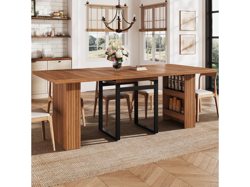 Table à manger extensible avec rangement intégré, rallonge 3 positions, pieds métal, décor bois, brun foncé evarich - Conforama B