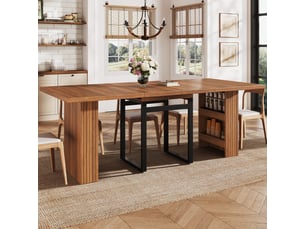 Table à manger extensible avec rangement intégré, rallonge 3 positions, pieds métal, décor bois, brun foncé