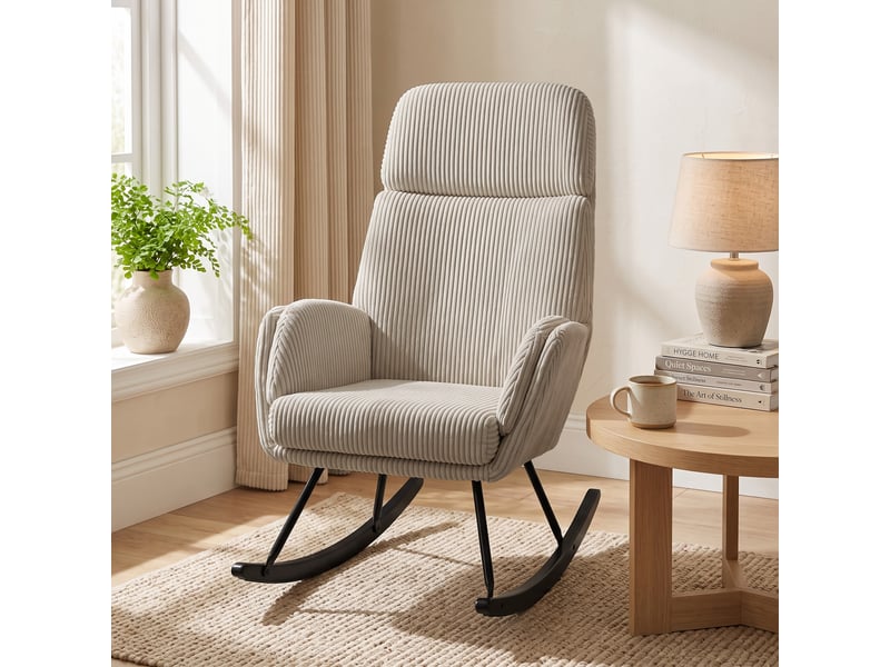  Fauteuil à bascule velours côtelé dossier haut accoudoirs beige  - Conforama D