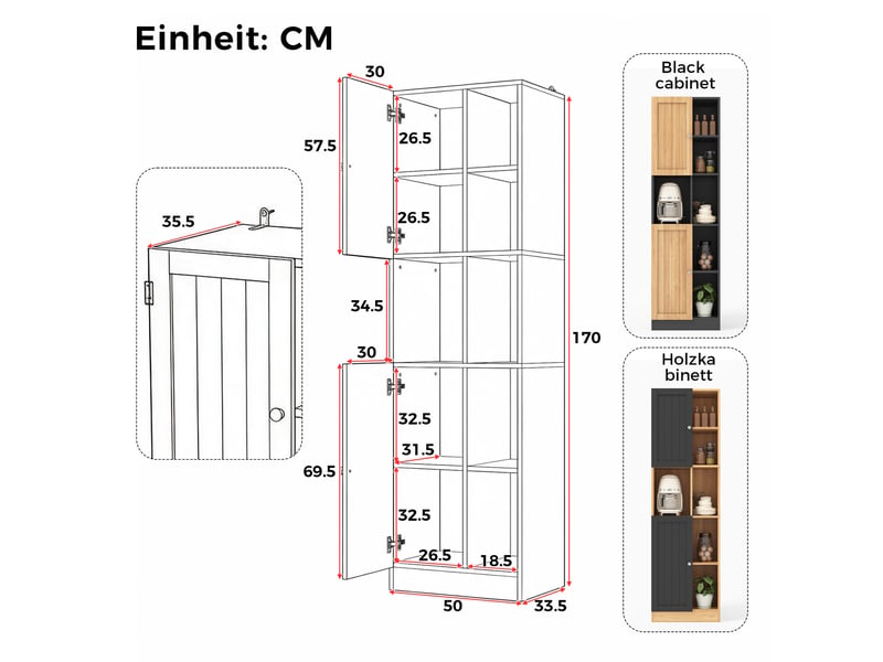  Meuble d'angle de cuisine avec 2 portes, 6 niches et étagères réglables en mdf, noir et chêne 50×35,5×170 cm  - Conforama D