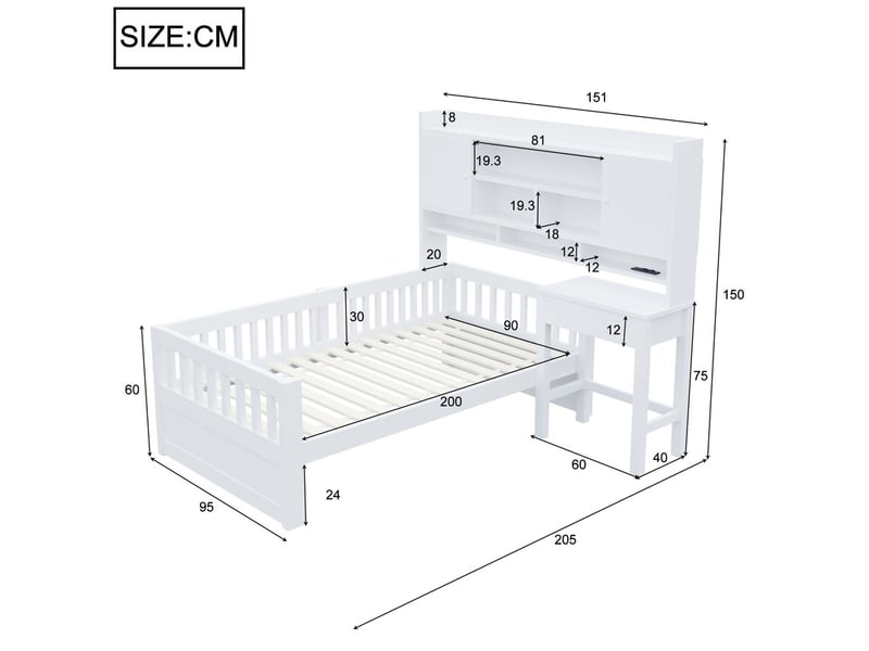  Lit multifonction en bois pour enfant 90 x 200 cm – avec étagères - bureau+1 tiroir - éclairage led +prise électrique – blanc (matelas non inclus)  - Conforama C