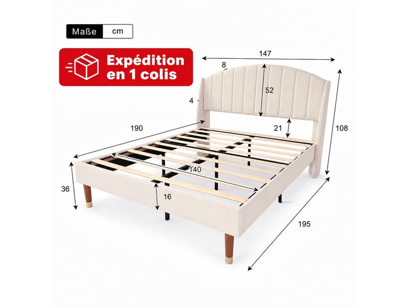  Lit double 140x190 en velours beige, lit adulte rembourré, sommier à lattes, tête de lit épaisse,lit 2 places  - Conforama R