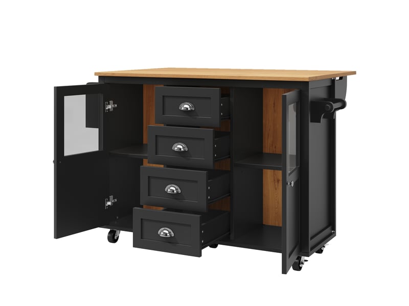  Îlot de cuisine mobile avec plateau pliable, desserte de cuisine à 4 tiroirs et 2 portes vitrées, porte-épices, 137x73cm, noir  - Conforama W