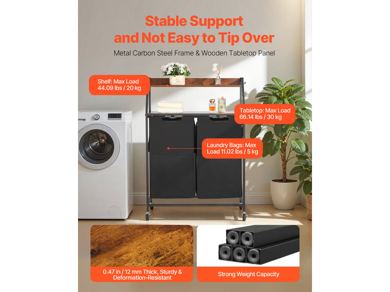  Vevor trieur de linge 2 niveaux 2 compartiments avec roulettes et crochets noir  - Conforama B
