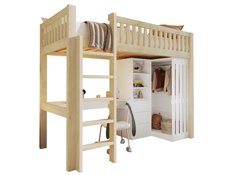  Lit mezzanine 90x200 cm avec bureau, armoire et 3 tiroirs blanc et naturel  - Conforama A